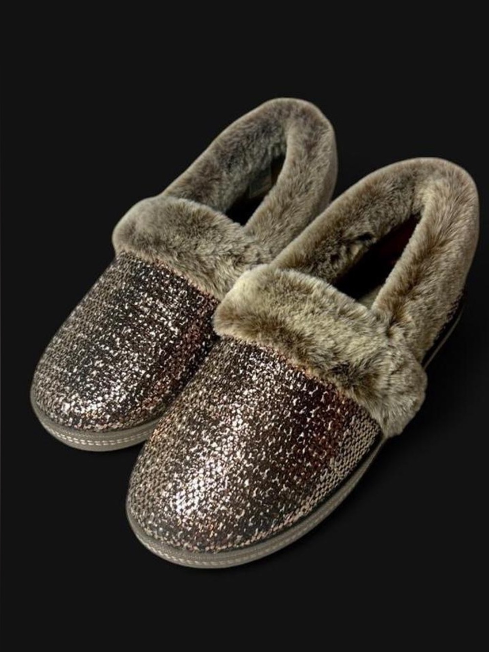 Skechers Metallic Brown Rose Gold Faux Fur-Lined Slippers #glamcozy #plush